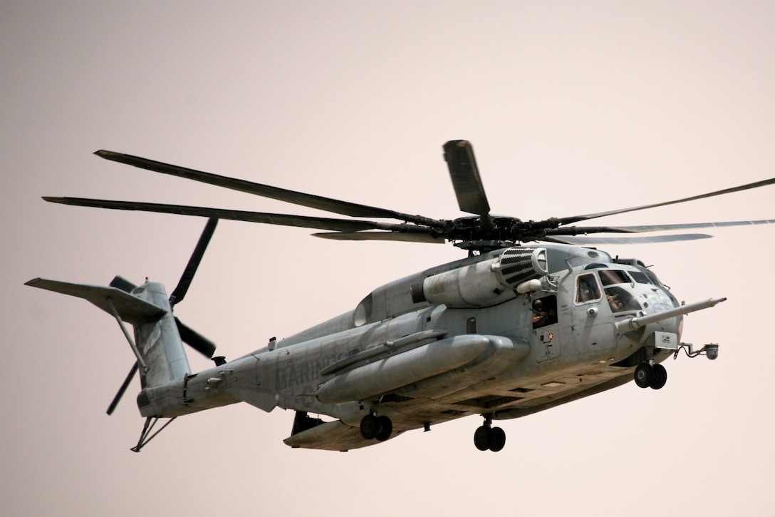 A CH-53E Super Stallion helicopter lands at the Camp Bastion flight line, Aug. 14. (U.S. Marine Corps photo by Sgt. Steve Cushman)