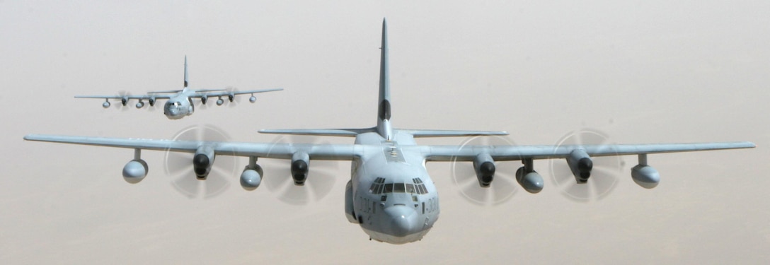 KC-130J Hercules aircraft return to Kandahar after a suuply air drop in Garmsir.  Three planes dropped more than 1, 000 pounds of supplies for the forces on the ground while performing a division drop.