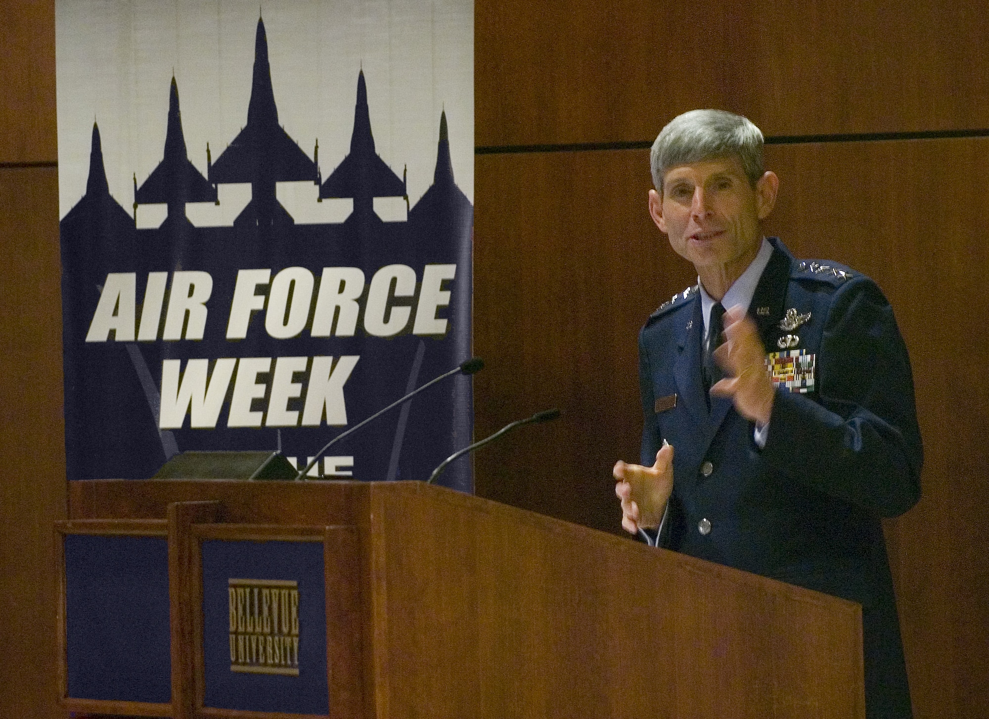 Gen. Norton A. Schwartz was the keynote speaker at the Global Leadership Forum held Aug. 15 at Bellevue University in Nebraska during Air Force Week in the Heartland. General Schwartz is the Air Force chief of staff. (U.S. Air Force photo/Lance Cheung)