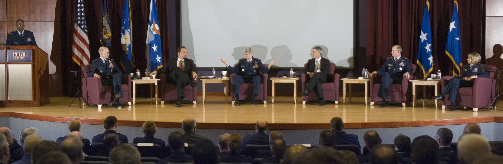 Lt. Col. Joe Sanders (from left to right), Gen. John D.W. Corley, Derrick J. Leathers, Gen. Norton A. Schwartz,  Wayne Sensor, Gen. Kevin P. Chilton and Lt. Gen. Terry L. Gabreski answer questions during the Executive Leadership Forum Aug. 15 at Bellevue University in Nebraska during Air Force Week in the Heartland. Colonel Sanders was the forum facilitator, General Corley is the commander of Air Combat Command, General Schwartz is the Air Force chief of staff, General Chilton is the commander of U.S. Strategic Command, and General Gabreski is the vice commander of Air Force Materiel Command. Mr. Leathers and Mr. Sensor are community leaders from the Heartland region. (U.S. Air Force photo/Lance Cheung)