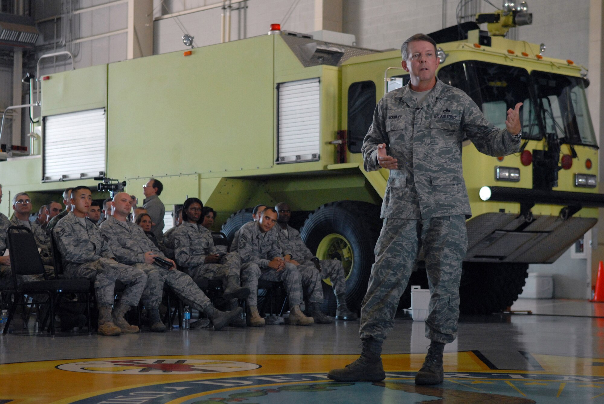 Chief Master Sgt. of the Air Force Rodney J. McKinley discussed some of the Air Force focus areas with airmen assigned to Goodfellow Air Force Base, Texas, during an Airman's Call on the base Aug. 13.  (U.S. Air Force photo by Senior Airman Kasabyan Musal)