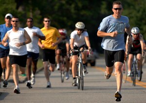 LANGLEY AIR FORCE BASE, Va. -- Maj. Ryan Krietsch, Air Combat Command Operations, led all participants in a duathlon sponsored by the 1st Force Support Squadron Aug. 15.  A duathlon is an eight mile exercise designed to challenge each participant's physical endurance with cycling and running.  The 1st FSS organizes an event monthly to continue encouraging physical fitness as the Air Force exercises the fit to fight mentality.  (U.S. Air Force photo/Senior Airman Vernon Young)