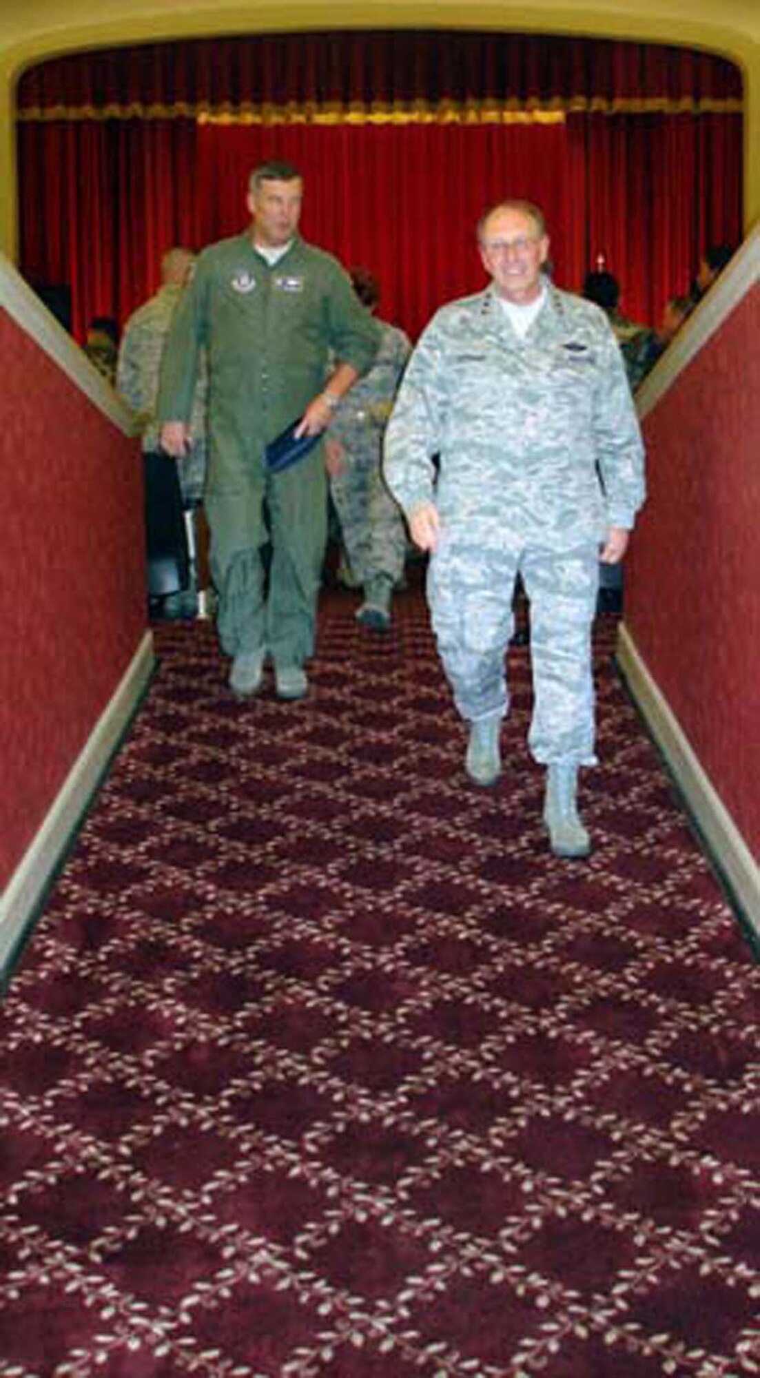 Lt. Gen. Charles E. Stenner Jr., Chief and Commander, Air Force Reserve Command, leads the way out of an August 6, 2008 commander's call at March ARB, Calif, as Maj. Gen. Robert E. Duignan, Fourth Air Force Commander follows.  (U.S. Air Force photo/MSgt. Linda E. Welz)