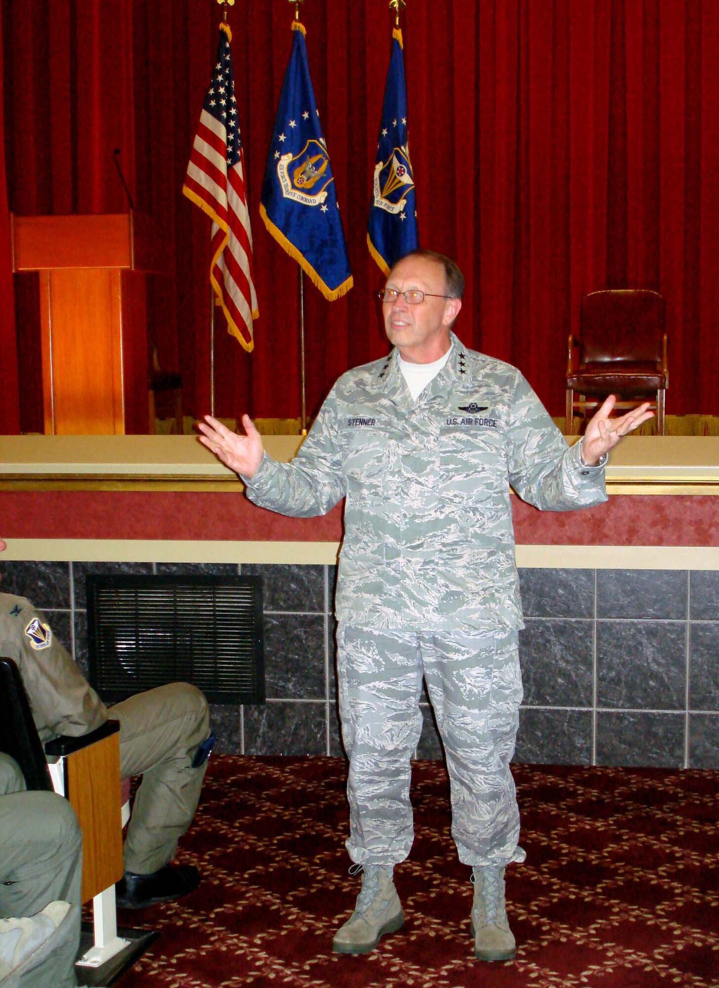 Lt. Gen. Charles E. Stenner Jr., conducts commander's call for members of Headquarters, Fourth Air Force during the Air Force Reserve commander's August 6, 2008 visit to March ARB, Calif.  (U.S. Air Force photo/MSgt. Linda E. Welz)