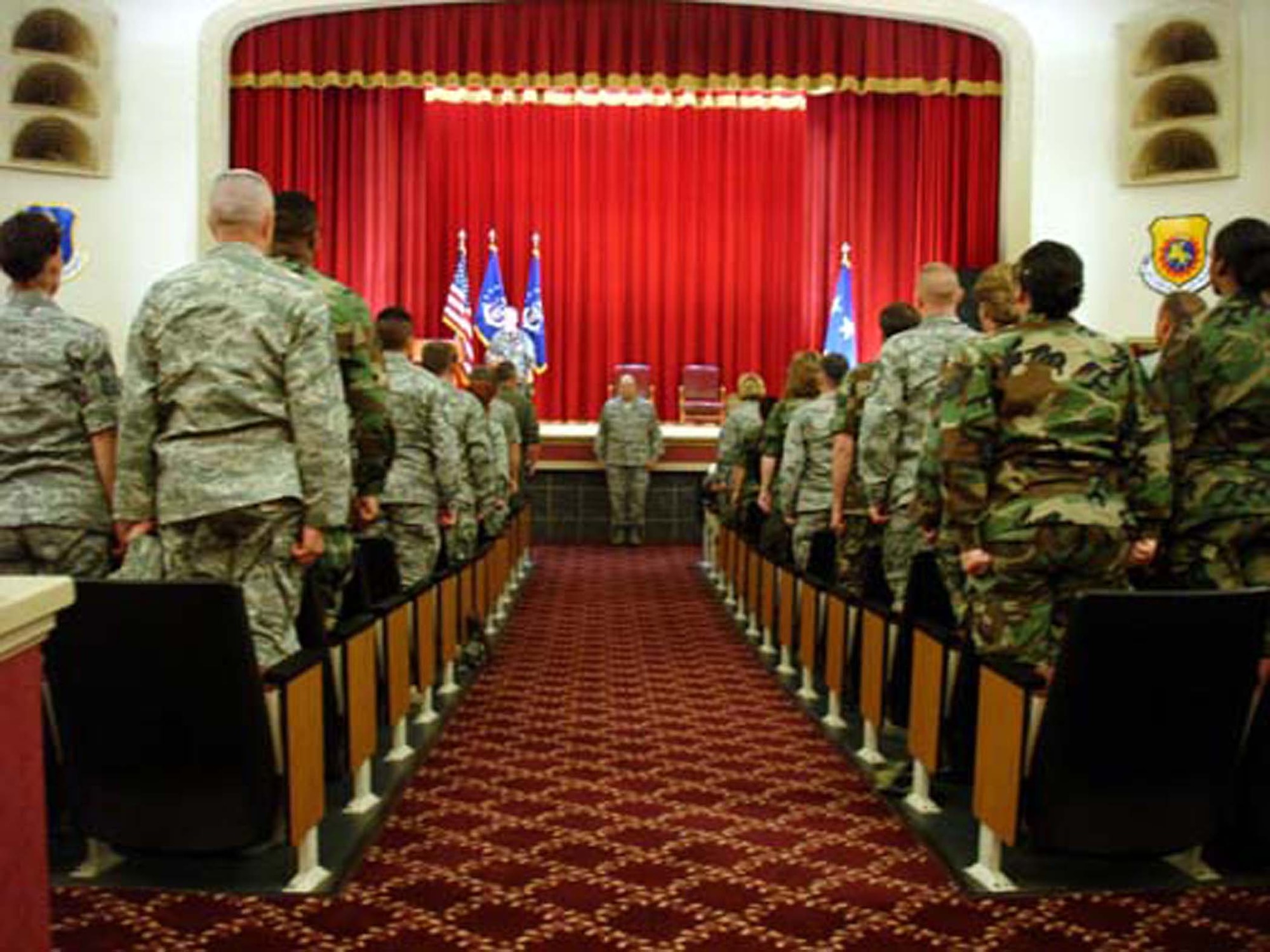 Lt. Gen. Charles E. Stenner Jr., Chief and Commander, Air Force Reserve Command, stands facing members of Headquarters, Fourth Air Force, at an August 6, 2008 commander's call, March ARB, Calif.  (U.S. Air Force photo/MSgt. Linda E. Welz)