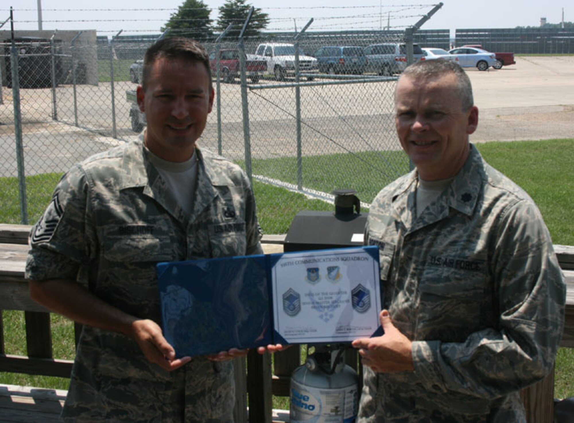 SEYMOUR JOHNSON AIR FORCE BASE, N.C. -- Senior Master Sgt. Brian Bischoff, a communications computer systems operation with the 916th Communications Squadron, was recognized as Senior Non-Commissioned Officer of the Quarter by his commander, Lt. Col. James Horton. Both are reservists with the 916th Air Refueling Wing.