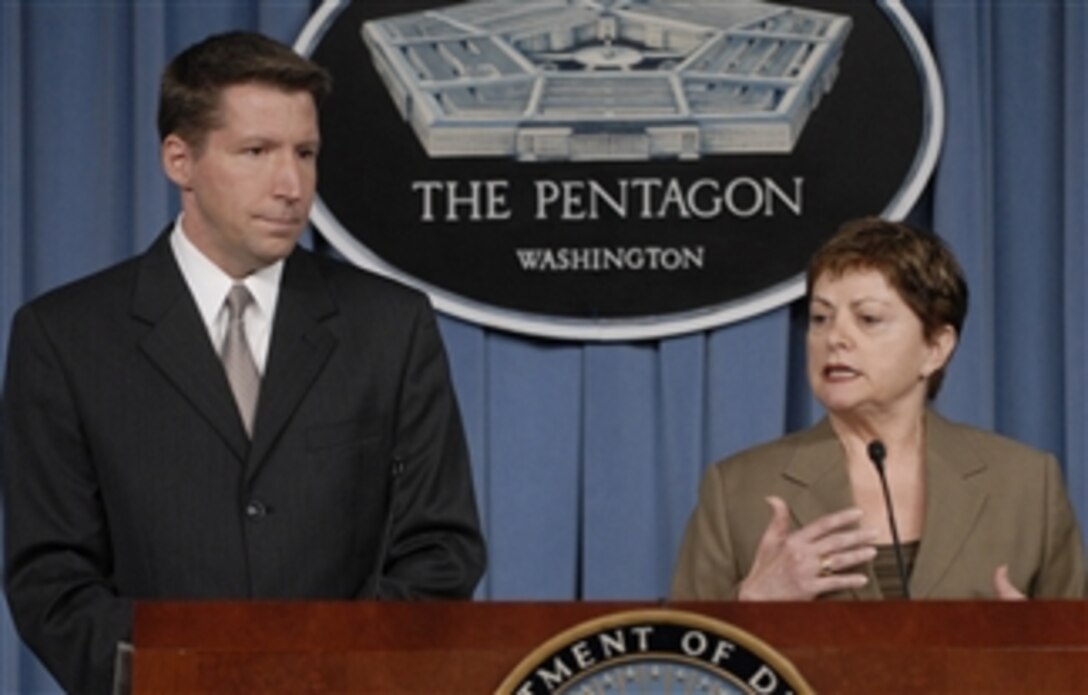 Director of the Federal Voting Assistance Program Polli K. Brunelli (right) and Deputy Director J. Scott Wiedmann speak to reporters concerning DoD efforts to facilitate absentee voting during a press briefing in the Pentagon on August 15, 2008.  