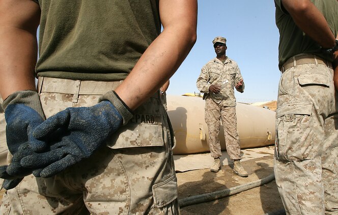 HADITHA DAM, Iraq (Aug. 15, 2008) – Sgt. Maj. Wayne O. Gallman, battalion sergeant major, Combat Logistics Battalion 6, 1st Marine Logistics Group, made sure to stop and talk with all the enlisted logisticians working at Haditha Dam. Gallman, from Jacksonville, Fl., conversed with the Marines about progress made during their six months at Haditha and plans for the future, both in Haditha and at home in the U.S. (Photo by Cpl. GP Ingersoll)