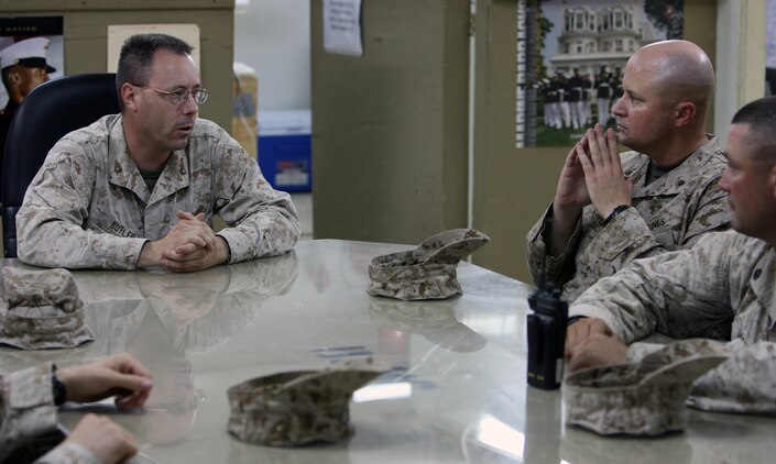 HADITHA DAM, Iraq (Aug. 15, 2008) – Maj. Sean K. Butler, mayor, Haditha Dam, talks with Lt. Col. David J. Eskelund, commanding officer, Combat Logistics Battalion 6, 1st Marine Logistics Group, about the future of Haditha Dam. The leaders talked of future coordination between infantry battalions and logistics battalions in terms of equipment retrograde and the dam’s turnover to the Iraqi people. (Photo by Cpl. GP Ingersoll)