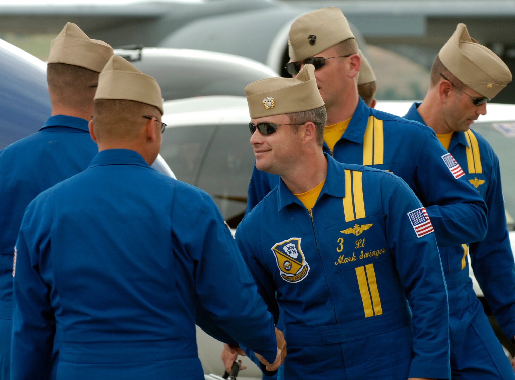 FAIRCHILD AIR FORCE BASE, Wash. –  The Blue Angels greet each other after arriving from Seattle, Wash., to begin preparations for Skyfest 2008 here Aug. 8. The Blue Angels performed for a crowd of over 200,000 people. (U.S. Air Force photo / Airman 1st Class Joshua K. Chapman)
