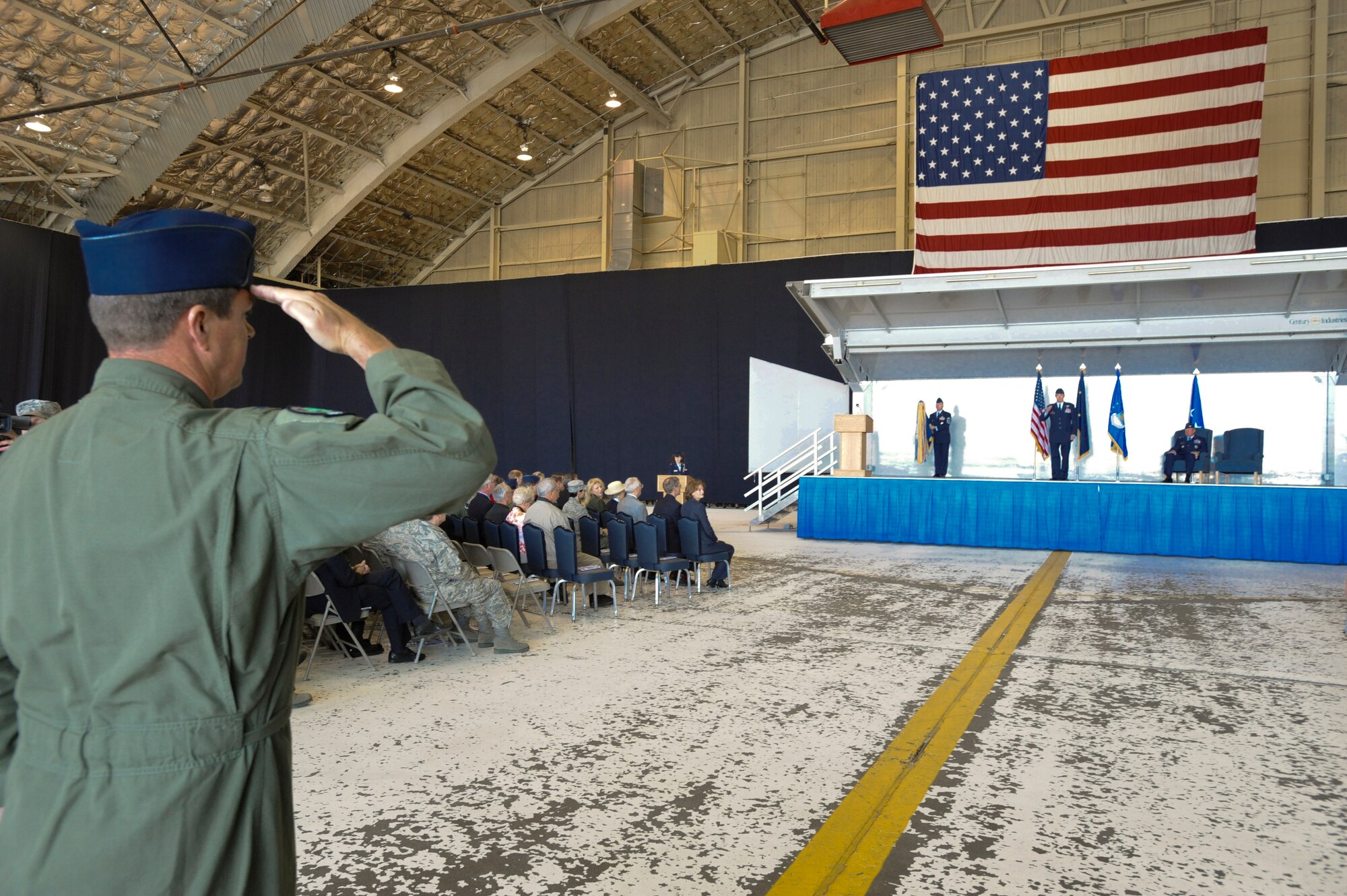 ELMENDORF AIR FORCE BASE, Alaska -- Col. Richard Walberg, 3rd Wing vice commander, presents Col. Thomas Bergeson with the first salute during the assumption of command ceremony at Hangar 1 Aug. 18th. The first salute signifies that the 3rd Wing is ready and willing to follow their newly appointed commanding officer into battle. (U.S. Air Force photo/Staff Sgt. Joshua Garcia)