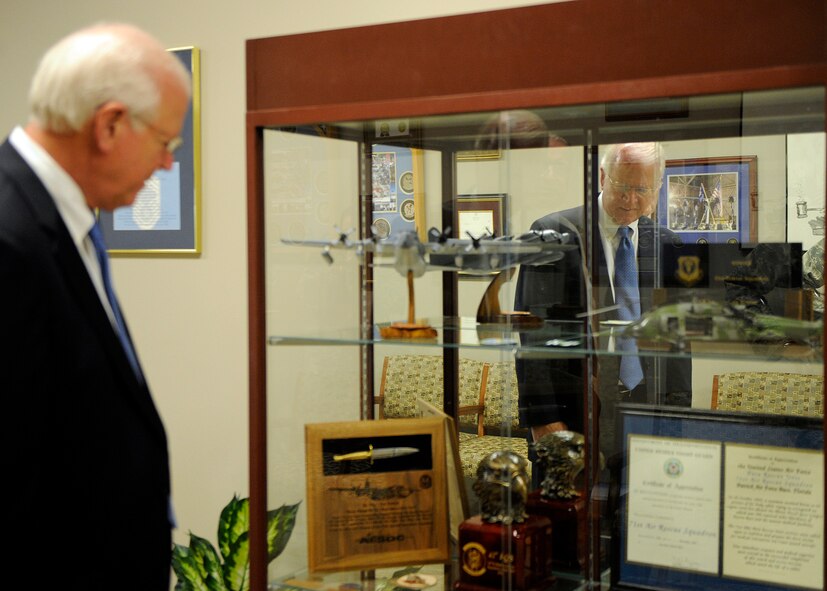 MOODY AIR FORCE BASE, Ga. -- U.S. Sen. Saxby Chambliss looks into a display case holding historic Flying Tiger memorabilia during his tour of the Parker Greene Consolidated Base Support Center here Aug. 14.   (U.S. Air Force photo by Senior Airman Brittany Barker)   