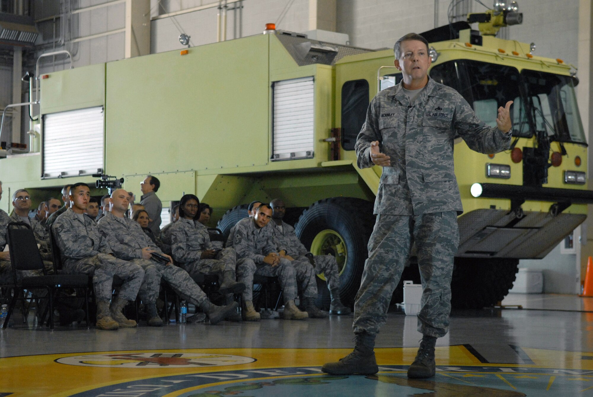Chief Master Sgt. of the Air Force Rodney J. McKinley discusses some of the Air Force focus areas with Airmen at Goodfellow Air Force Base, Texas, during an Airman's Call on the base Aug. 13.  (U.S. Air Force photo/Senior Airman Kasabyan Musal)