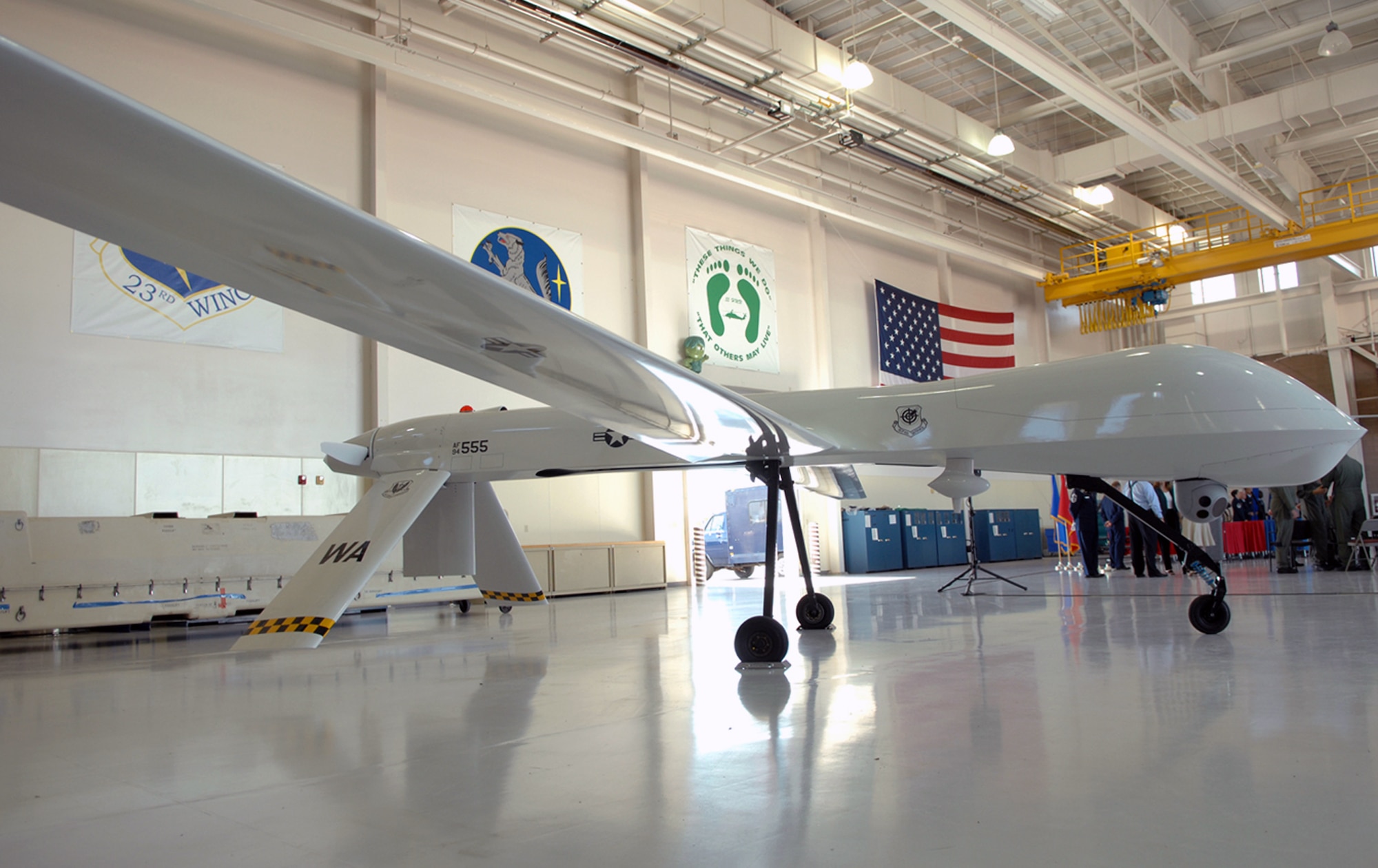 An MQ-1 Predator unmanned aircraft assigned to the Arizona Air National Guard's 214th Reconnaissance Group is parked in a hanger at Davis-Monthan Air Force Base, Ariz., following the unit's activation in August 2007. (U.S. Air Force photo/Senior Airman Christina Kinsey) 
