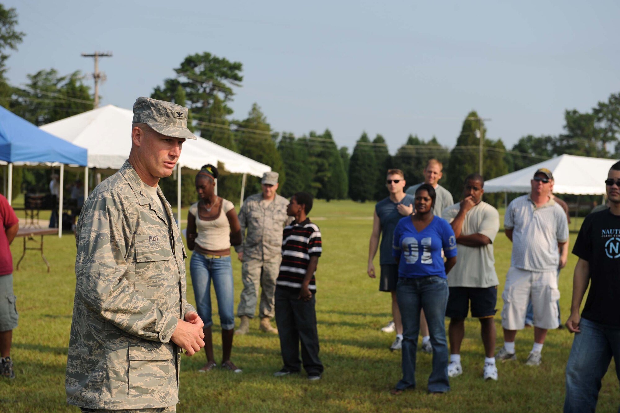 SHAW AIR FORCE BASE, S.C. -- Col. James Post, 20th Fighter Wing commander, welcomes the crowd at the start of Junior Enlisted Appreciation Day August 15. JEAD is a day full of fun events set aside to show appreciation for the junior enlisted ranks of the Air Force. (U.S. Air Force photo/Staff Sgt. Henry Hoegen)