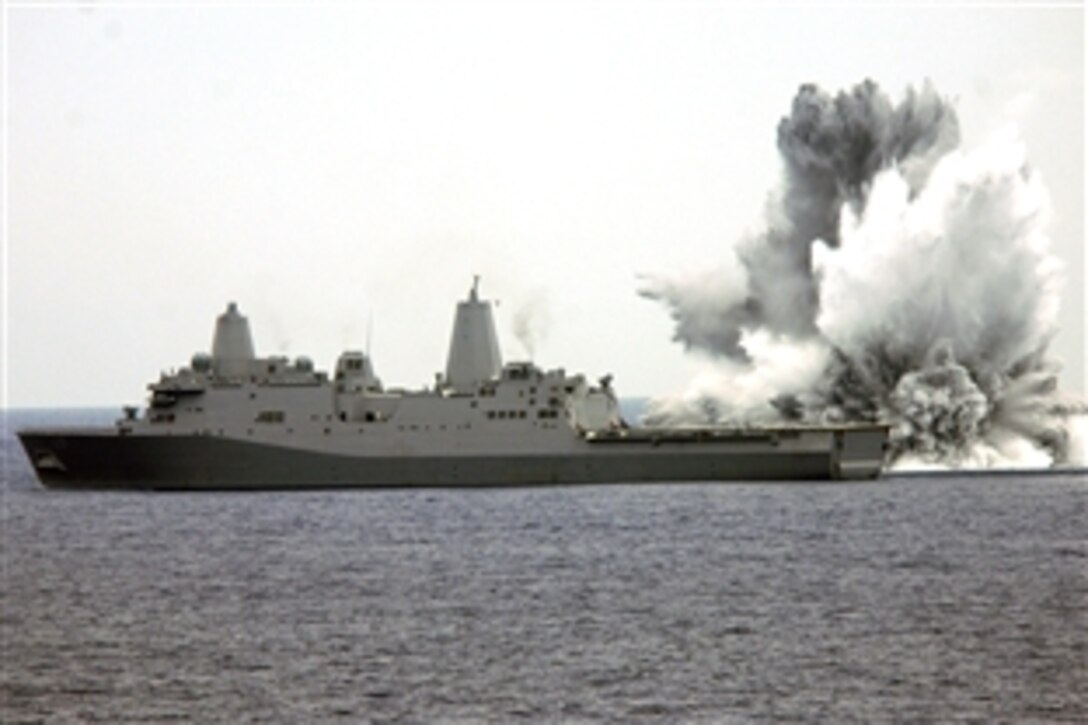 A 10,000-pound underwater explosion rocks the amphibious transport dock ship USS Mesa Verde during a shock test off the Florida coast in the Atlantic Ocean, Aug. 16, 2008. 