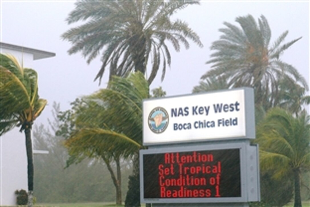 Naval Station Key West is at Condition of Readiness One as Tropical Storm Fay approaches the Florida Keys, Fla., Aug. 18, 2008. As of 11 a.m. EDT, Fay was about 70 miles south-southeast of Key West, Fla., with maximum sustained winds near 60 miles per hour. Fay is moving to the north-northwest at nearly 13 miles per hour. 