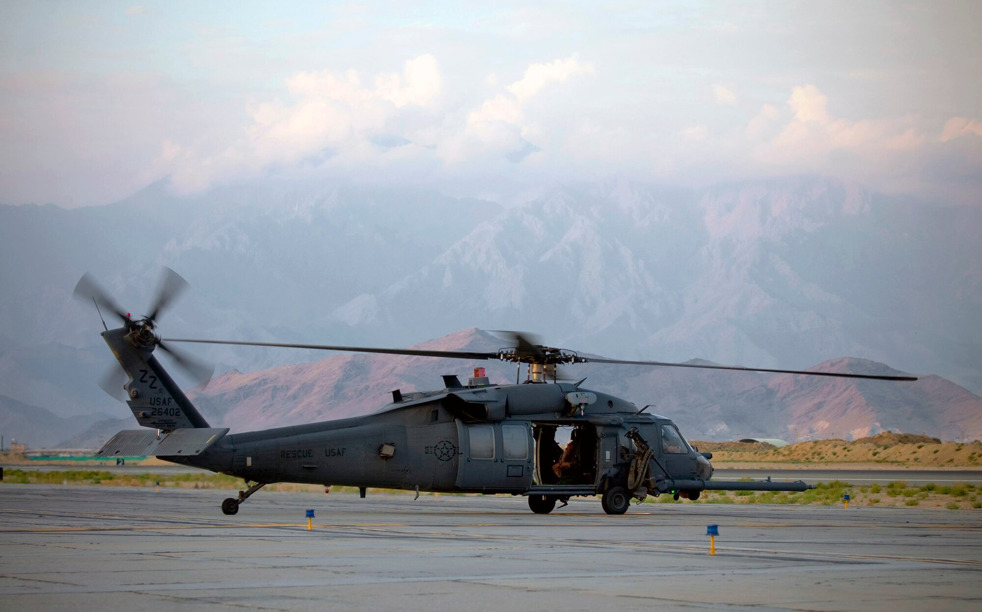 An HH-60G Pave Hawk readies for takeoff Aug. 2 at Bagram Air Base, Afghanistan.  The Pave Hawk is currently the primary combat search and rescue platform, and is capable of performing its mission even in adverse conditions. (U.S. Air Force photo/Staff Sgt. Samuel Morse)