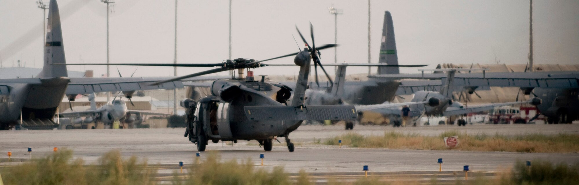 An HH-60G Pave Hawk helicopter taxis to the launch pad Aug. 2 at Bagram Air Base, Afghanistan. The Pave Hawk is currently the primary combat search and rescue platform, and is capable of performing its mission even in adverse conditions. (U.S. Air Force photo/Staff Sgt. Samuel Morse)