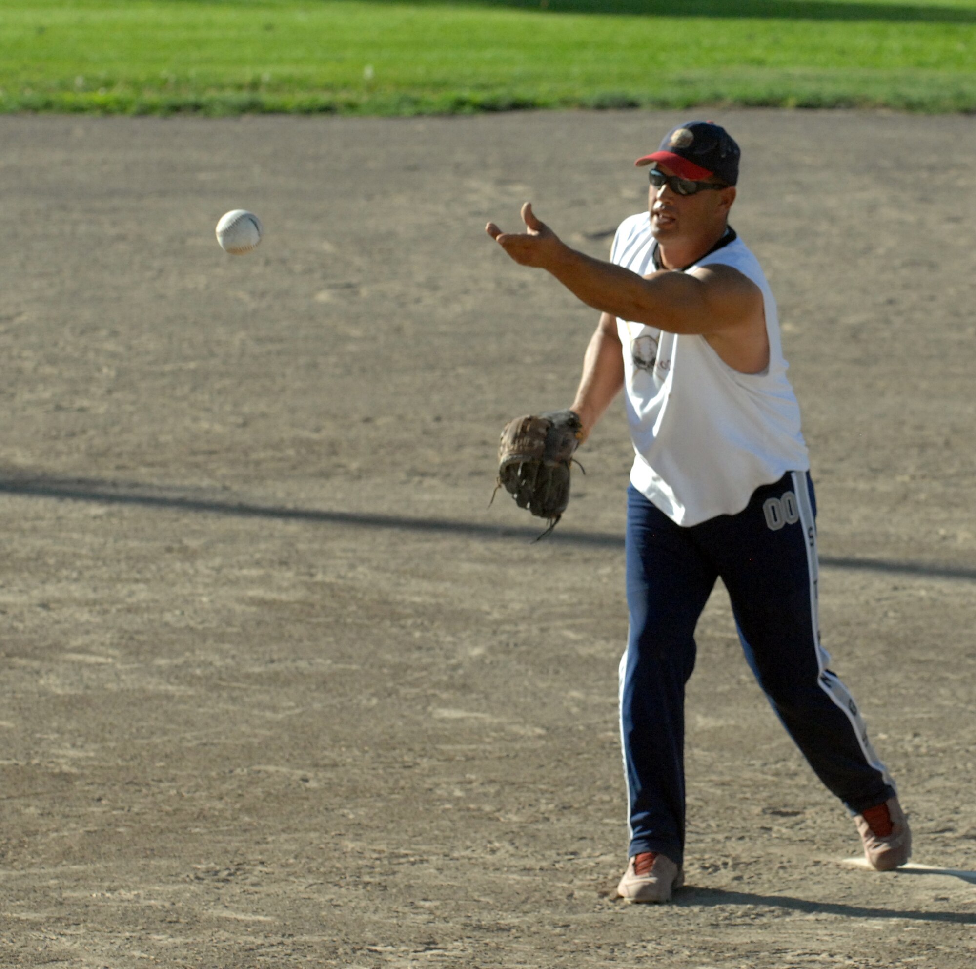 Sam Pursley, 726th Air Control Squadron pitcher, pitched a three-hitter in the championship game of the intramural softball season. The 726th ACS defeated the 366th Logistics Readiness Squadron B Team 12 – 1 to win the championship. (Photo / Airman 1st Class Ashley Winters)