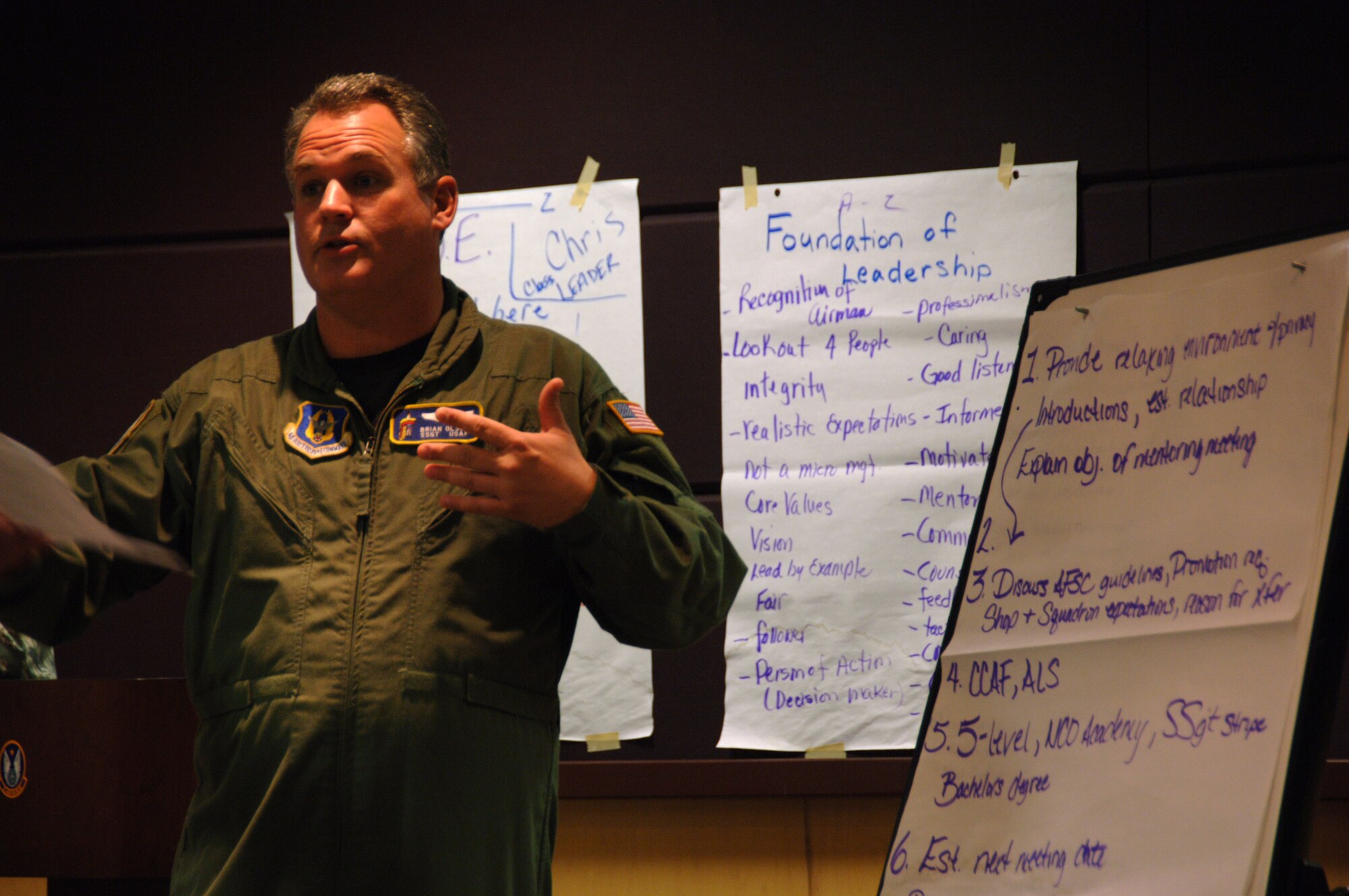 Staff Sgt. Brian Olson talks to other Airmen during a leadership class on Aug. 14 about how he would approach a mentoring situation. The presentation was a one of many requirements given to 931st Air Refueling Group members who attended a two-week Noncommissioned Officer Leadership Development Program course. Sergeant Olson is a KC-135 boom operator assigned to the 18th Air Refueling Squadron. (U.S. Air Force photo/Tech. Sgt. Jason Schaap)