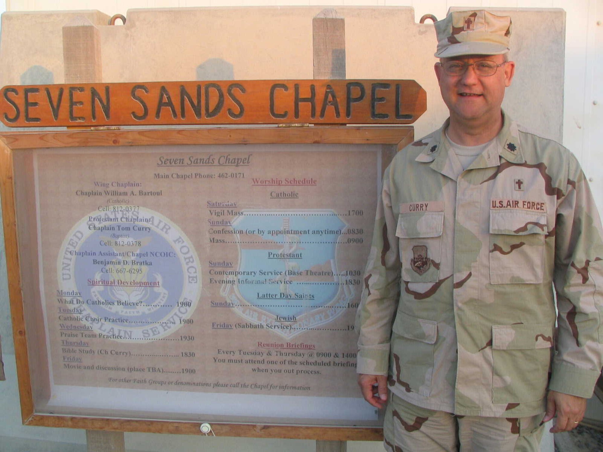 Lt. Col. Tom Curry, a Kentucky Air Guard chaplain, served for nearly 70 days at
Al Dhafra Air Base, United Arab Emirates, operating out of the Seven Sands Chapel. (Photo courtesy Lt. Col. Tom Curry)