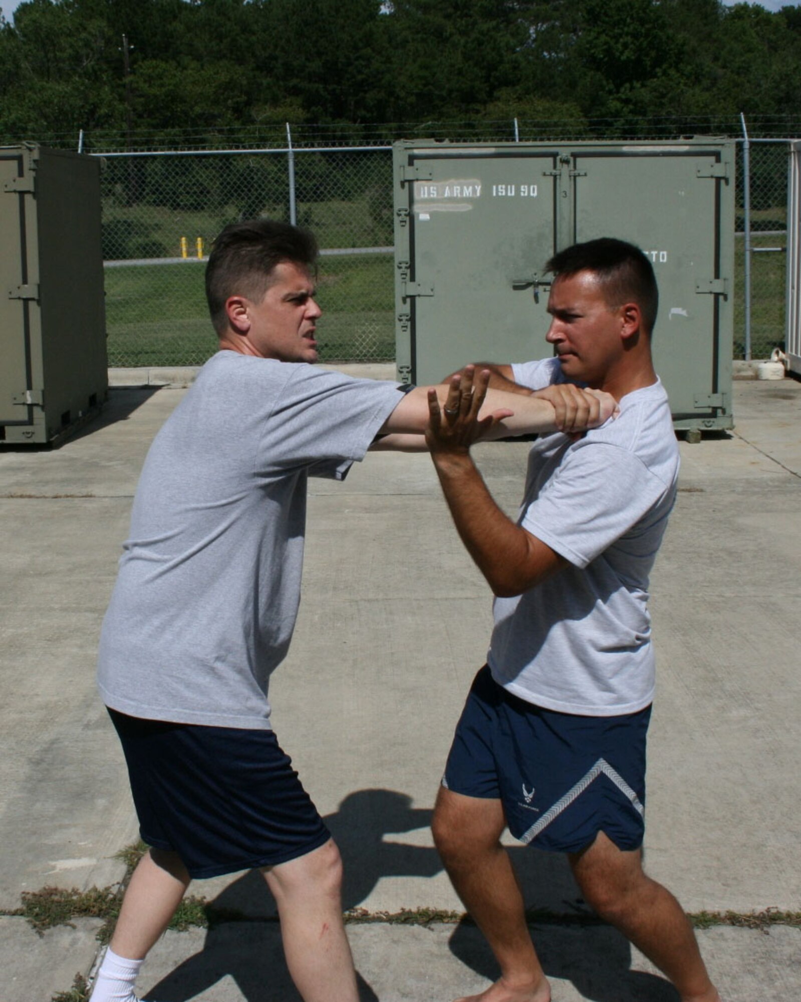 SEYMOUR JOHNSON AIR FORCE BASE, N.C. -- During the 916th Communications Squadron's annual training, Senior Master Sgt. Brian Bischoff (right) taught some basic self-defense tactics to other members of the squadron. The two-week annual training consisted of reservists completing on-the-job-training in their Air Force specialities, but it also included time for fitnees, fun and community relations activities.