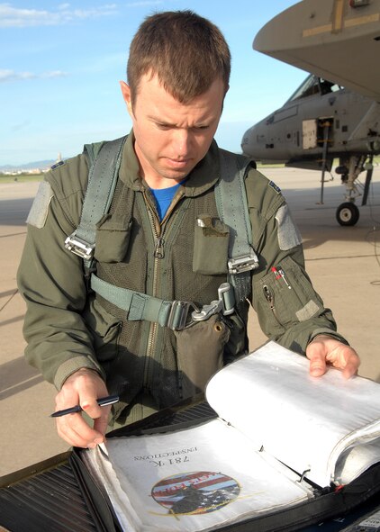 Captain Bryan Wojcik, 357th Fighter Squadron, checks the technical order ensuring everything is ready to go with the A-10C Thunderbolt II, here on Aug. 8, 2008.  Capt. Wojcik is a student with the squadron learning the new upgrade to the C-Model A-10. (US Air Force Photo By: Senior Airman Jacqueline Romero)