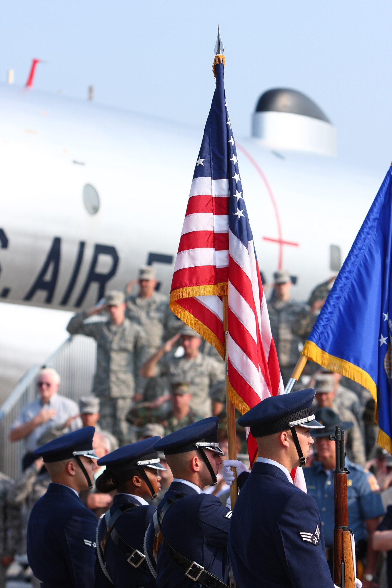 DOVER AIR FORCE BASE, Del. – Members of the Dover AFB Honor Guard present the colors during the 436th Mission Support Group change-of-command ceremony Aug. 15 at the Air Mobility Command Museum. Col. Todd Emmert, 436th MSG commander, assumed command from Col. Vic Sowers, who is headed to the Pentagon. (U.S. Air Force photo/Roland Balik)