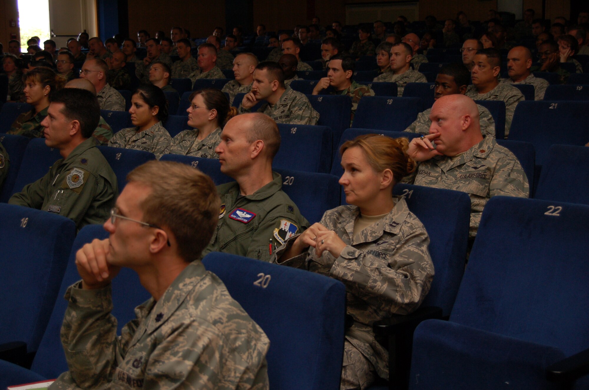 Airmen learn more about Air Force Smart Operations for the 21st Century during an AFSO21 briefing given by United States Air Forces in Europe Vice Commander Maj. Gen. Marc Rogers, Spangdahlem Air Base, Germany, August 14th, 2008. (U.S. photo by Senior Airman Lana Mills) 