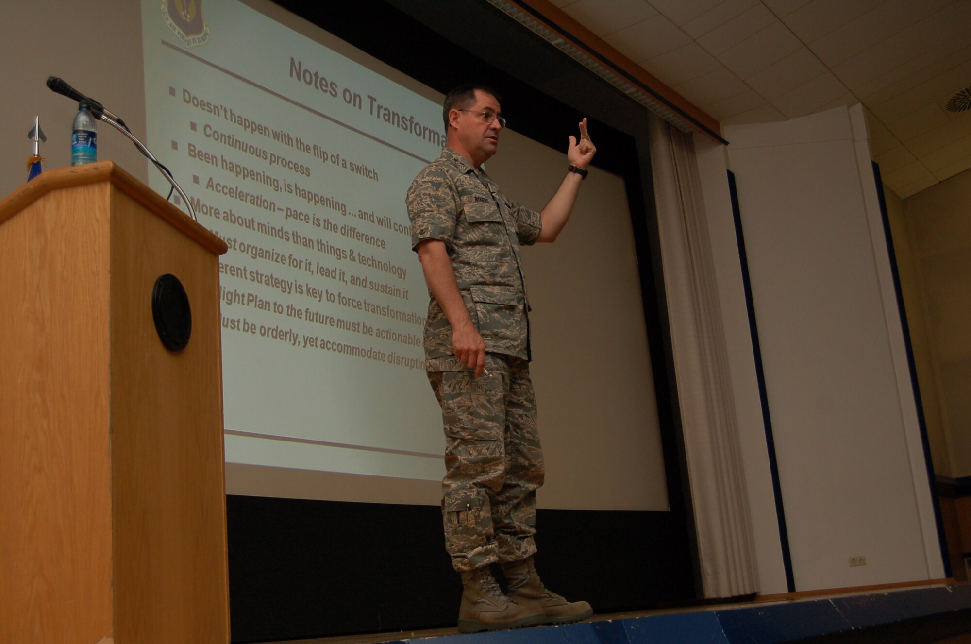 United States Air Forces in Europe Vice Commander Maj. Gen. Marc Rogers visits Spangdahlem Air Base, Germany, and addresses Airmen on Air Force Smart Operations for the 21st century Program and the importance of implementing new procedures that are going to save time and money, August 14th, 2008. (U.S. photo by Senior Airman Lana Mills) 