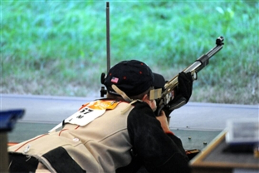 U.S. Army World Class Athlete Program marksman Maj. Michael Anti shoots to a ninth-place finish in Olympic 50-meter rifle prone, Aug. 15, 2008, at the Beijing Shooting Hall Range with a 594 total. 
