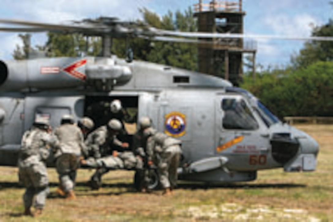 Soldiers with the Army's 545th Transportation Battalion load a simulated casualty onto a Navy  SH-60B "Seahawk" helicopter during a medical evacuation exercise at Landing Zone Boondocker here Tuesday.  Naval aviators from Helicopter Anti-Submarine Squadron Flight 37 provided the "Seahawk" for the exercise.