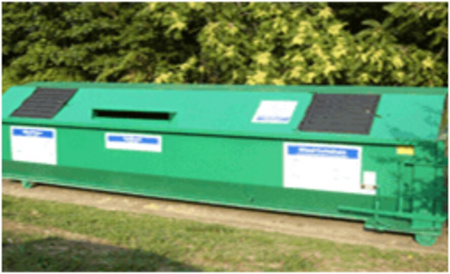 MINOT AIR FORCE BASE, N.D. -- The manned recycling center is set to close and be replaced by two self-service locations. Self-service recycling locations consist of large, green recycling containers, similar to the one shown here. They will be available on base for the personal disposal of recyclables consisting of paper and cardboard items only. (Coutesy photo) 