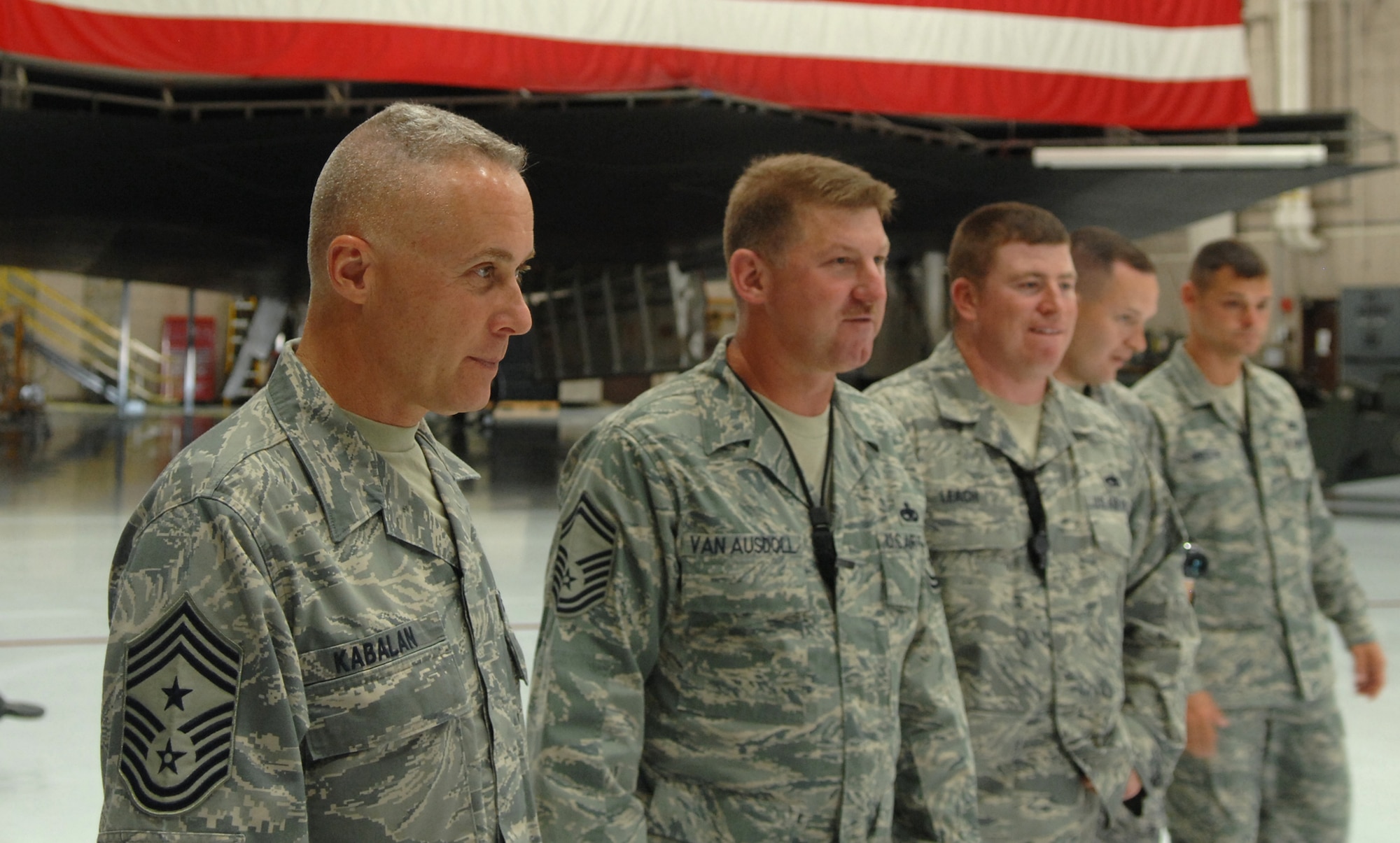 WHITEMAN AIR FORCE BASE, Mo. - Command Chief Master Sgt. Todd Kabalan, the 8th Air Force command chief master sergeant, meets with members of the 509th Maintenance Group at the Weapons Load Trainer Aug. 15. In addition to seeing the mission first hand, Chief Kabalan interacted with the Airmen of Whiteman and re-emphasized the 8th Air Force commander’s message and priorities during his visit Aug. 14-17. (U.S. Air Force photo/Airman 1st Class Stephen Linch) 