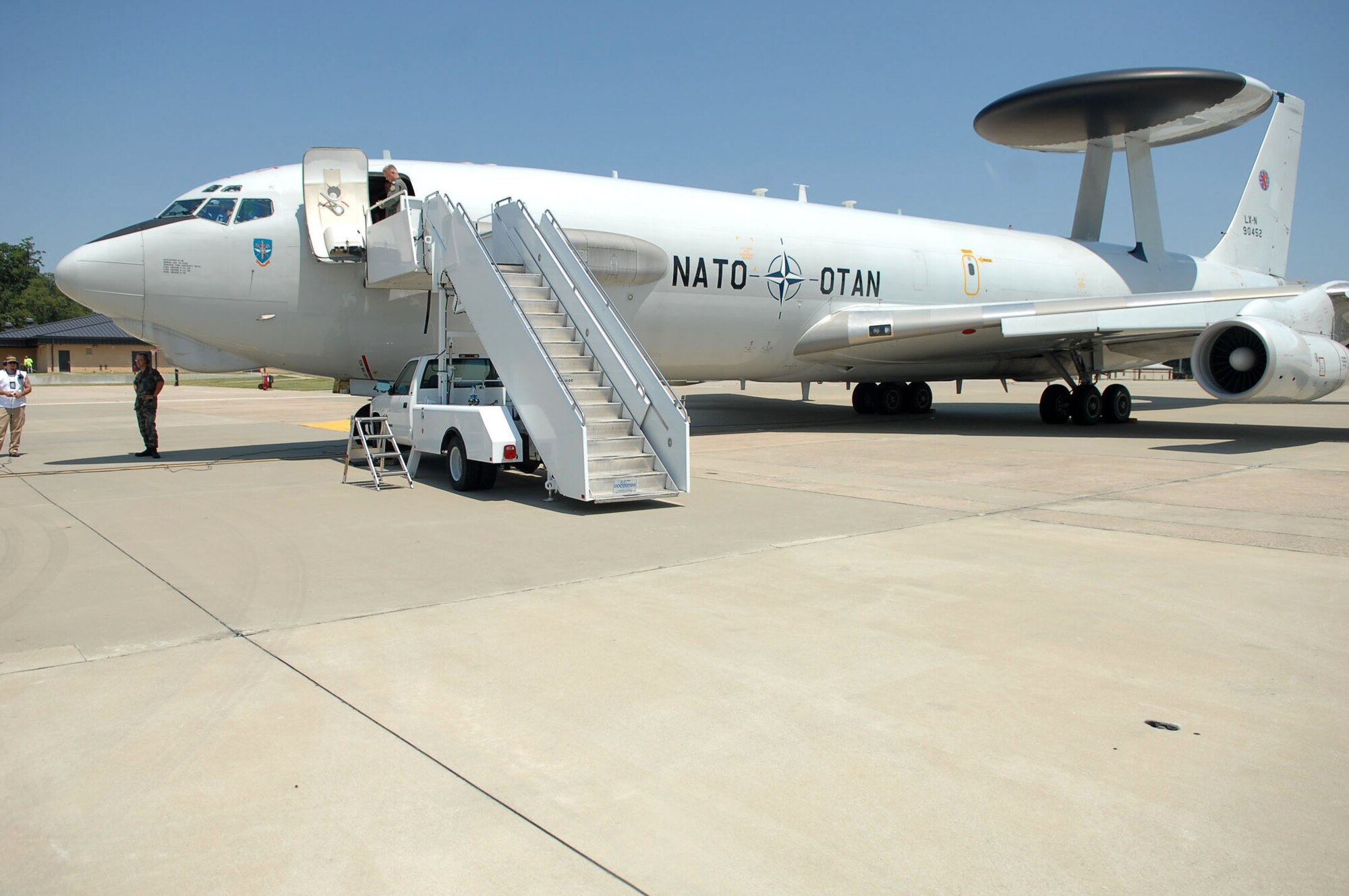 A E-3A Sentinel, an airborne warning and control systems aircraft from Geilenkirchen North Atlantic Treaty Organization air base, Germany  sits on the flightline on August 12, 2008 at Seymour Johnson Air Force Base, North Carolina. The aircraft has crew members from Germany, Turkey, Greece, Denmark, United States, Portugal and Canada. (U.S. Air Force photo Airman 1st Class Makenzie Lang)