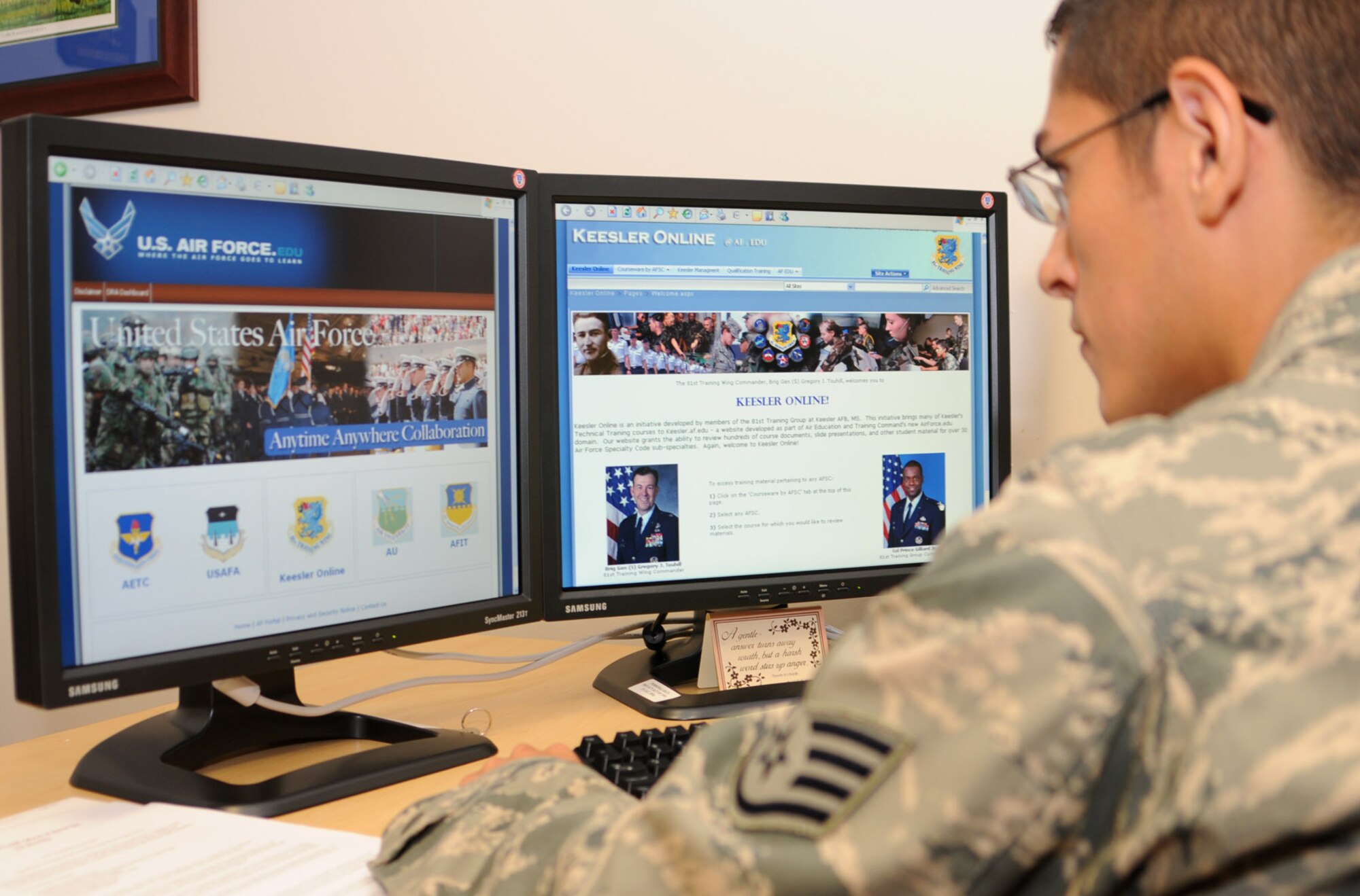 Staff Sgt. Alberto Trujillo, 81st TRSS, checks out Keesler Online.  (U.S. Air Force photo by Kemberly Groue)