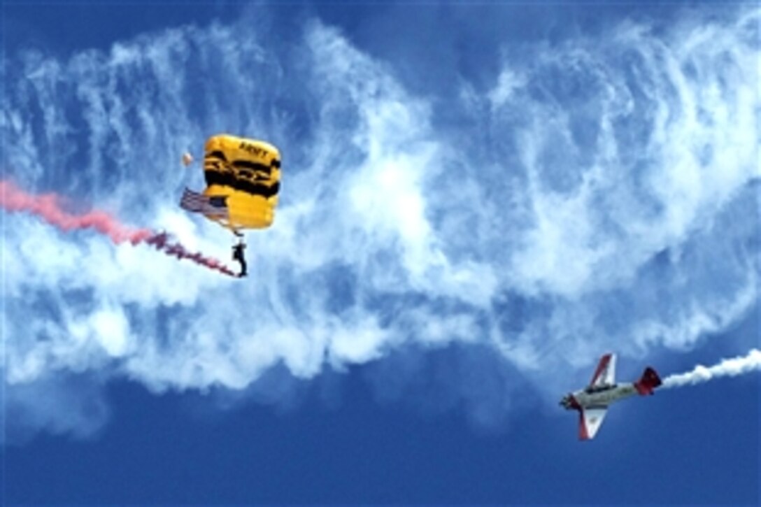 U.S. Army Sgt. Daniel Cook, a member of the U.S. Army Golden Knights Parachute Demonstration Team, jumps in the Colors at the 50th Chicago Air and Water Show in Chicago,  Aug. 16, 2008. 