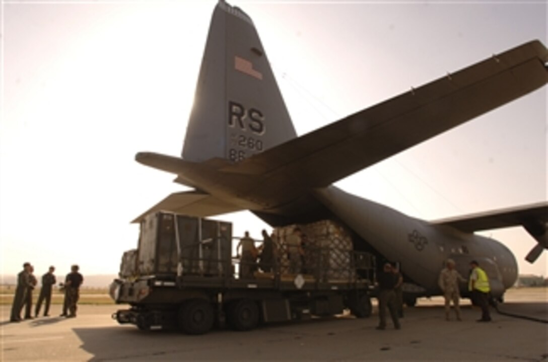 A U.S. Air Force C-130 Hercules aircraft delivers 6 pallets of humanitarian aid to the international airport in Tbilisi, Georgia, on August 19, 2008.  The cargo shipment, flown by the 37th Airlift Squadron from Ramstein Air Base, Germany, was a joint-service effort between U.S. Army Europe soldiers and U.S. Air Forces Europe airmen who have delivered nearly 300,000 pounds of medical supplies, beds and food to the region in the last week.  