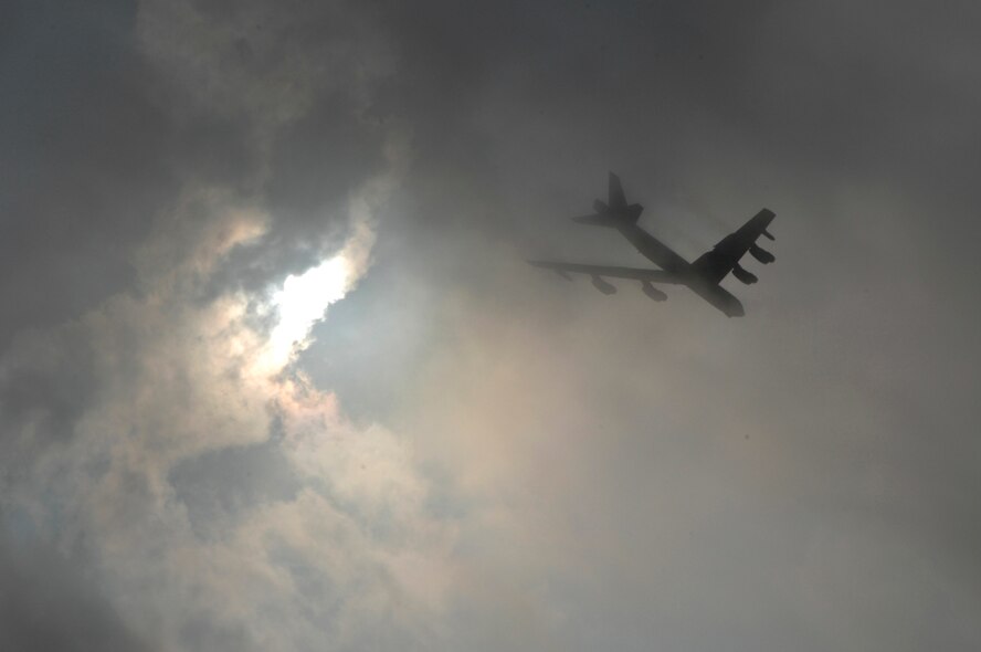 The 2nd Bomb Wing demonstrates runway saturation capability using a minimal interval take off, or MITO, launching 13 B-52s in minimum time, under adverse weather conditions.  This is part of their Nuclear Operational Readiness Exercise. (U.S. Air Force photo by Airman 1st Class Joanna M. Kresge)  