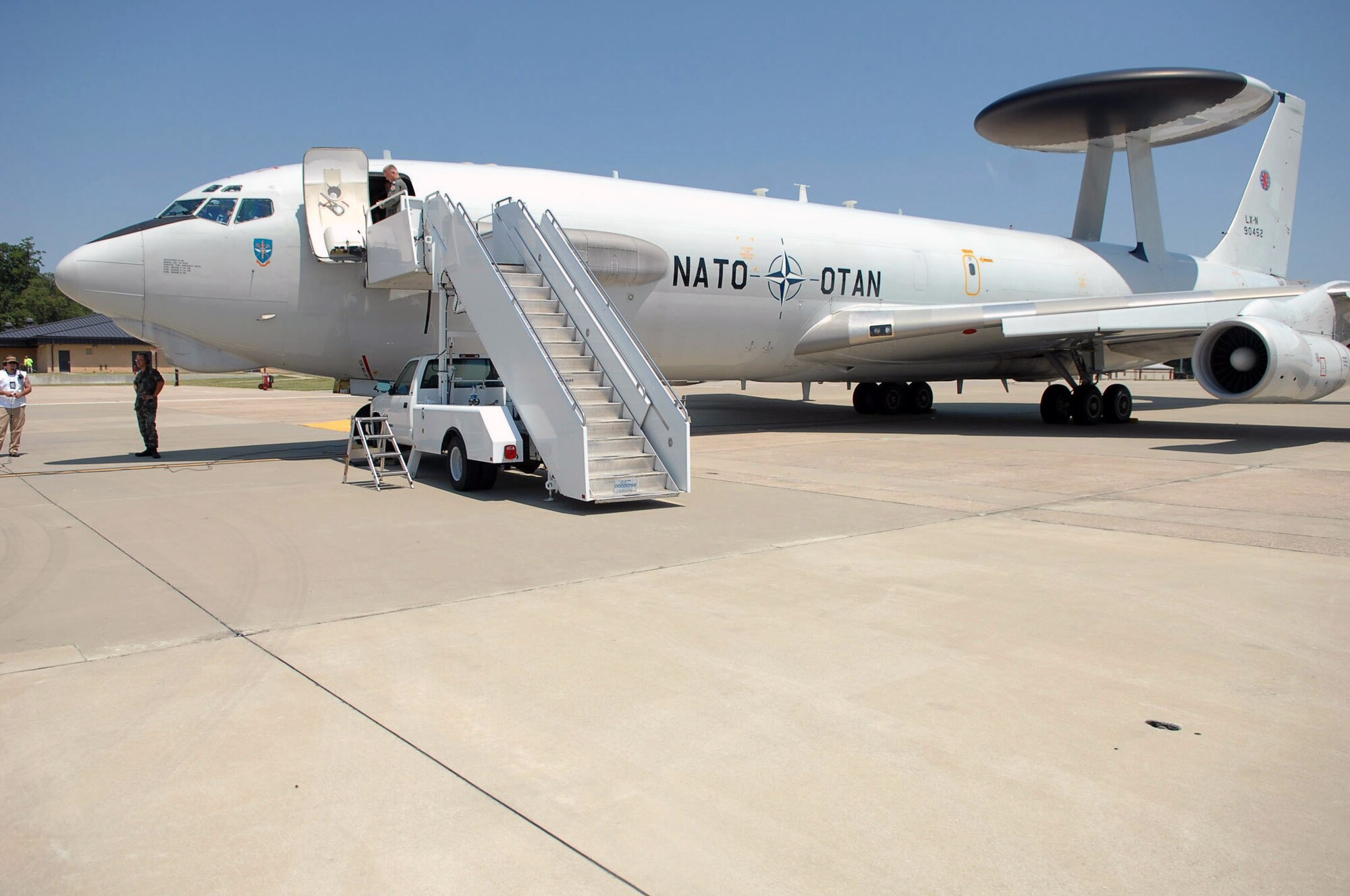 A NATO E-3A Sentinel, an airborne warning and control systems aircraft from Geilenkirchen, Germany, sits on the flightline Aug. 12 at Seymour Johnson Air Force Base, N.C. The aircraft has crewmembers from Germany, Turkey, Greece, Denmark, United States, Portugal and Canada. (U.S. Air Force photo/Airman 1st Class Makenzie Lang)
