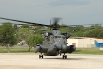 8/12/2008 - The MH-53 Pave Low makes it's final landing at the 344th Training Squadron's dormitory parking lot Aug. 12. The MH-53 will serve as an Aircrew Training Device at the 344th TRS Enlisted Aircrew Center of Excellence. (USAF photo by Master Sgt. Rene Delarosa)