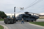 8/12/2008 - A MH-53 Pave Low is towed down Medina Base Road to its final parking spot at the 344th Training Squadron's simulated flight line environment. The MH-53 arrived at Lackland Aug. 12 and will used by the 344th TRS for training enlisted air crew students; introducing them to a flightline environment and preparing them for their follow-on aircraft training. (USAF photo by Master Sgt. Rene Delarosa)
