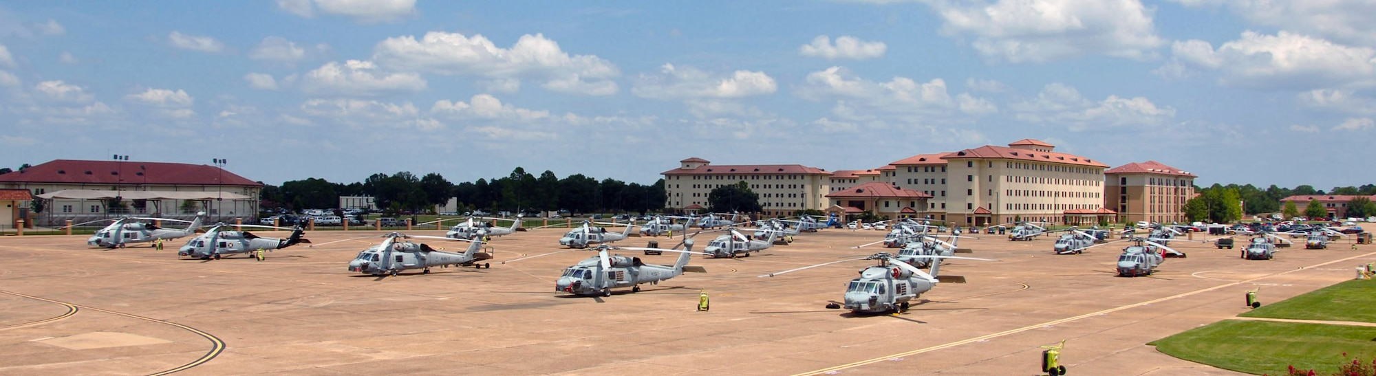 SH-60B Seahawks line up Aug. 20 at Maxwell Air Force Base, Ala. Based at Naval Station Mayport in Jacksonville, Fla., nearly three dozen Seahawks and 157 personnel flew to Maxwell AFB for shelter from Tropical Storm Fay. (U.S. Air Force photo/Donna Burnett) 
