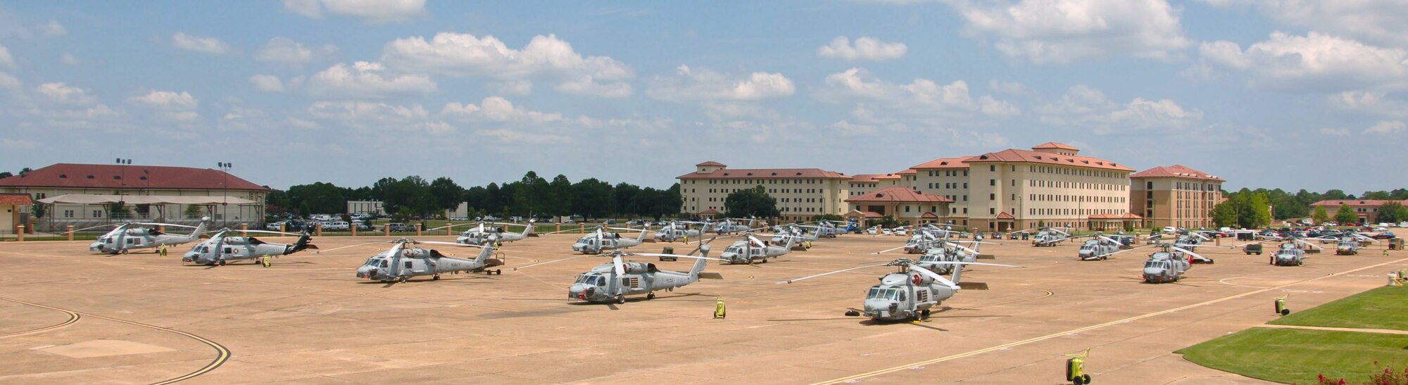 SH-60B Seahawks line up on the Maxwell Air Force Base flightline Aug. 20. Based at Naval Station Mayport in Jacksonville, Fla., nearly three dozen Seahawks and 157 personnel flew to Maxwell for shelter from Tropical Storm Fay. (Air Force photo by Donna Burnett)