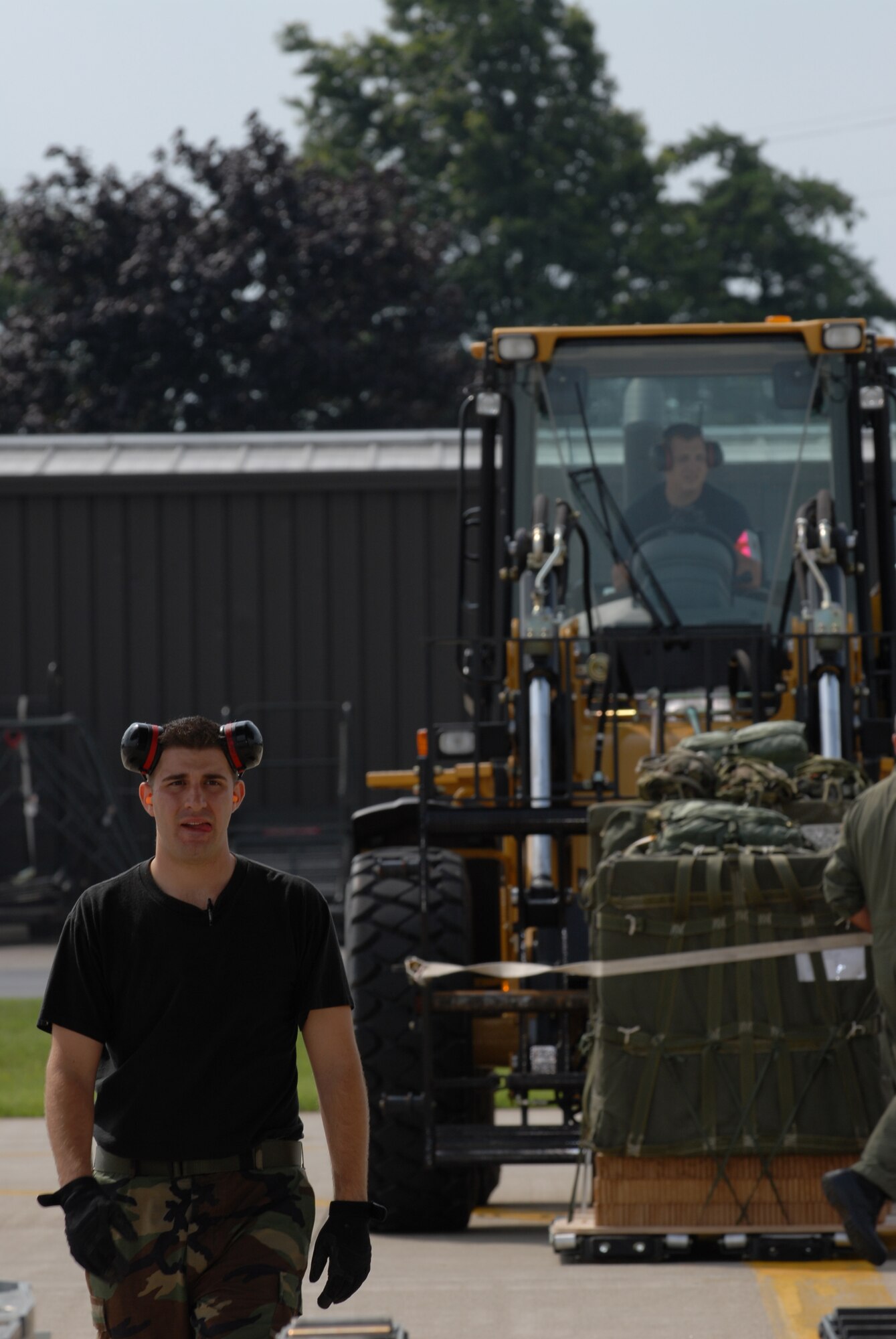 Members of the 179th Ariel Port Squadron load cargo into C-130 aircraft at Mansfield Lahm Airport, Mansfield, Ohio on July 9, 2008. The Ariel Port Airman are supporting an Air Rodeo competition where pilots display their skills in air drops and landing precision. (Air Force photo by Staff Sgt Robert Koehler) (Released)