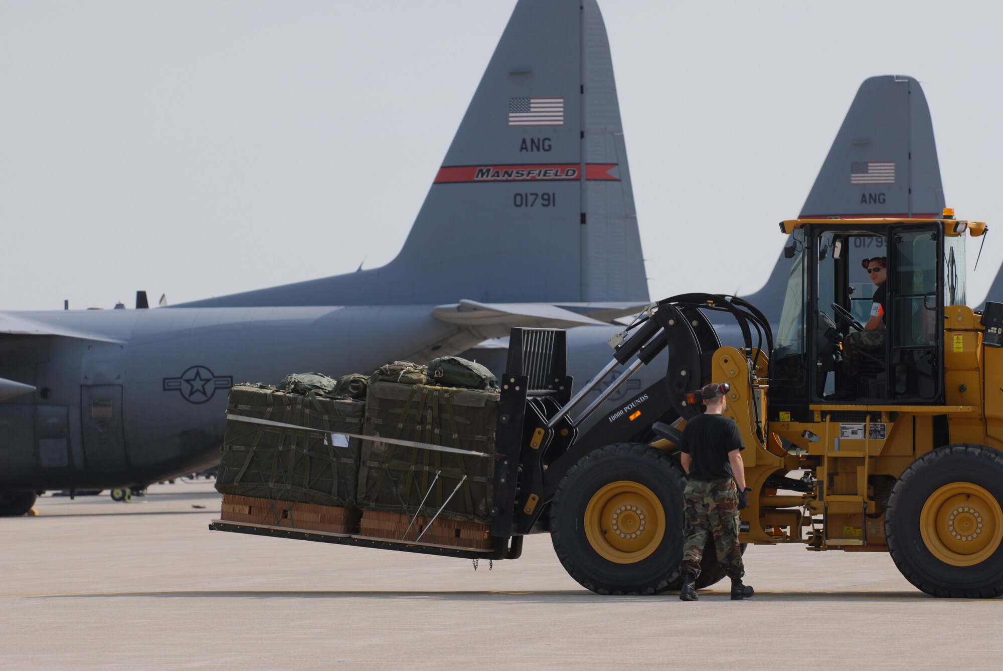 Members of the 179th Ariel Port Squadron load cargo into C-130 aircraft at Mansfield Lahm Airport, Mansfield, Ohio on July 9, 2008. The Ariel Port Airman are supporting an Air Rodeo competition where pilots display their skills in air drops and landing precision. (Air Force photo by Staff Sgt Robert Koehler) (Released)