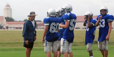 Randolph High School Ro-Hawk football team members practice Aug. 18 for their upcoming season. The Ro-Hawks will open their season Aug. 29 at Marion High School. (U.S. Air Force photo by Rich McFadden)