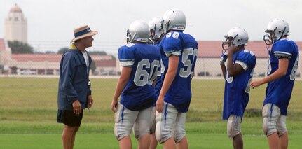 Randolph High School Ro-Hawk football team members practice Aug. 18 for their upcoming season. The Ro-Hawks will open their season Aug. 29 at Marion High School. (U.S. Air Force photo by Rich McFadden)