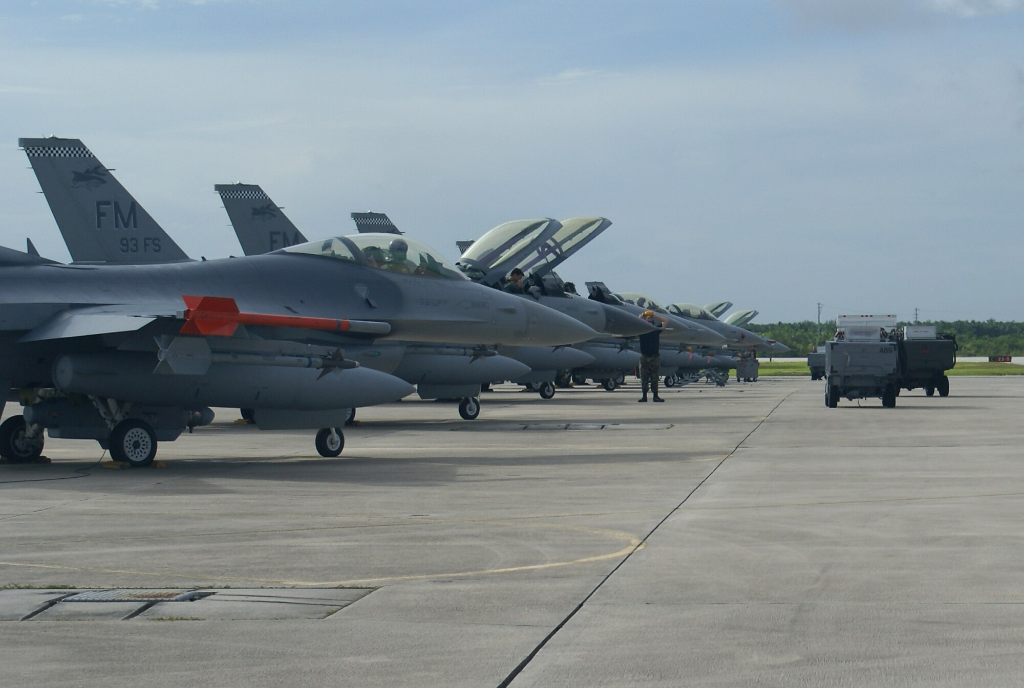 HOMESTEAD AIR RESERVE BASE, Fla. – 93rd Fighter Squadron pilots return from Naval Air Station Joint Reserve Base Fort Worth, Texas, after flying the 482nd Fighter Wing’s F-16 fleet back to Homestead. The 482nd FW evacuated its jets as a precaution before Tropical Storm Fay made landfall in South Florida. (U.S. Air Force photo/Staff Sgt. Erik Hofmeyer)